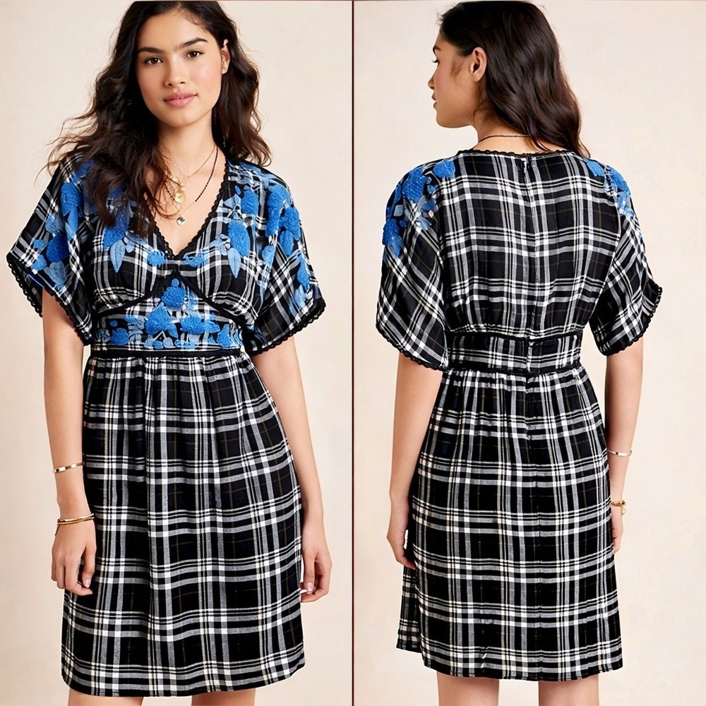 Anthropologie New Sarah Black White Plaid Embroidered Tunic Dress SZ 6 Bohemian